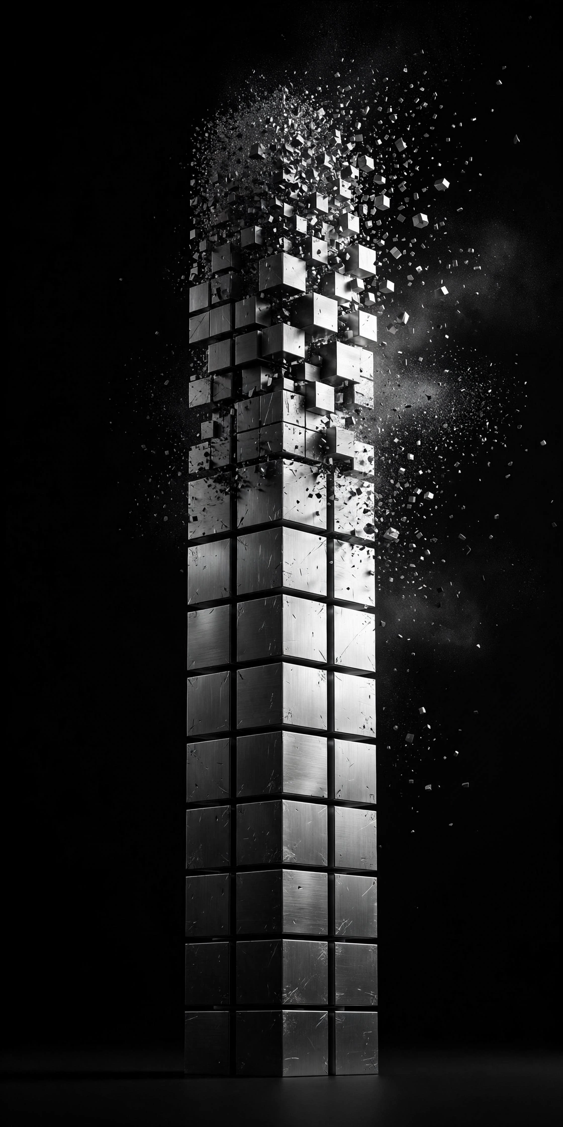 Black and white 3D render of a solid monolith block