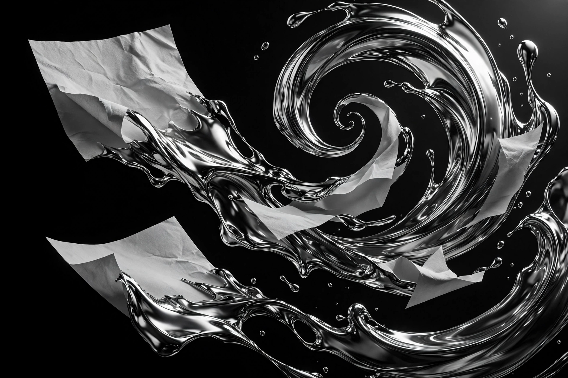 Black and white 3D render of stacked proposal pages