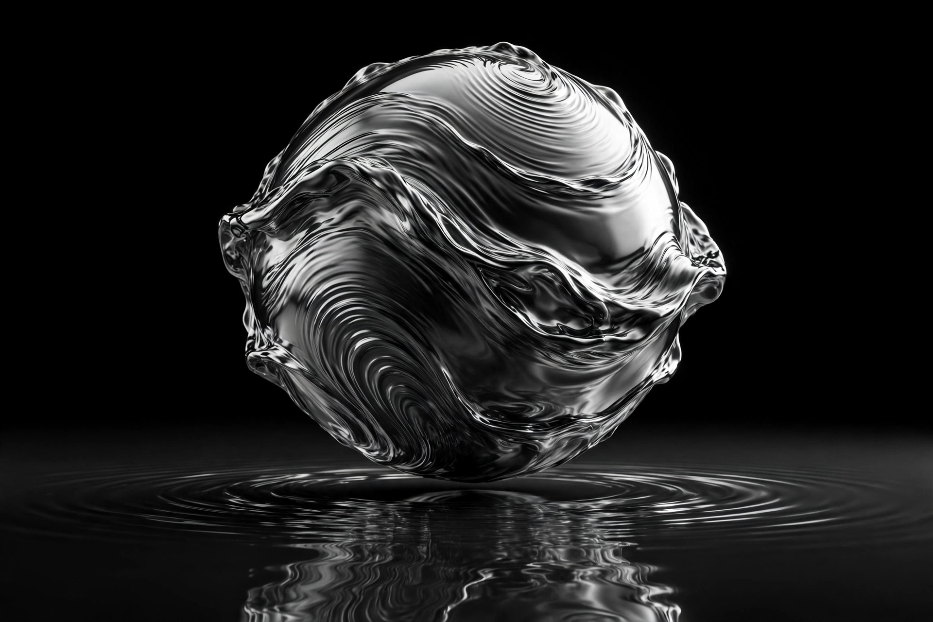 Black and white 3D render of a polished sphere