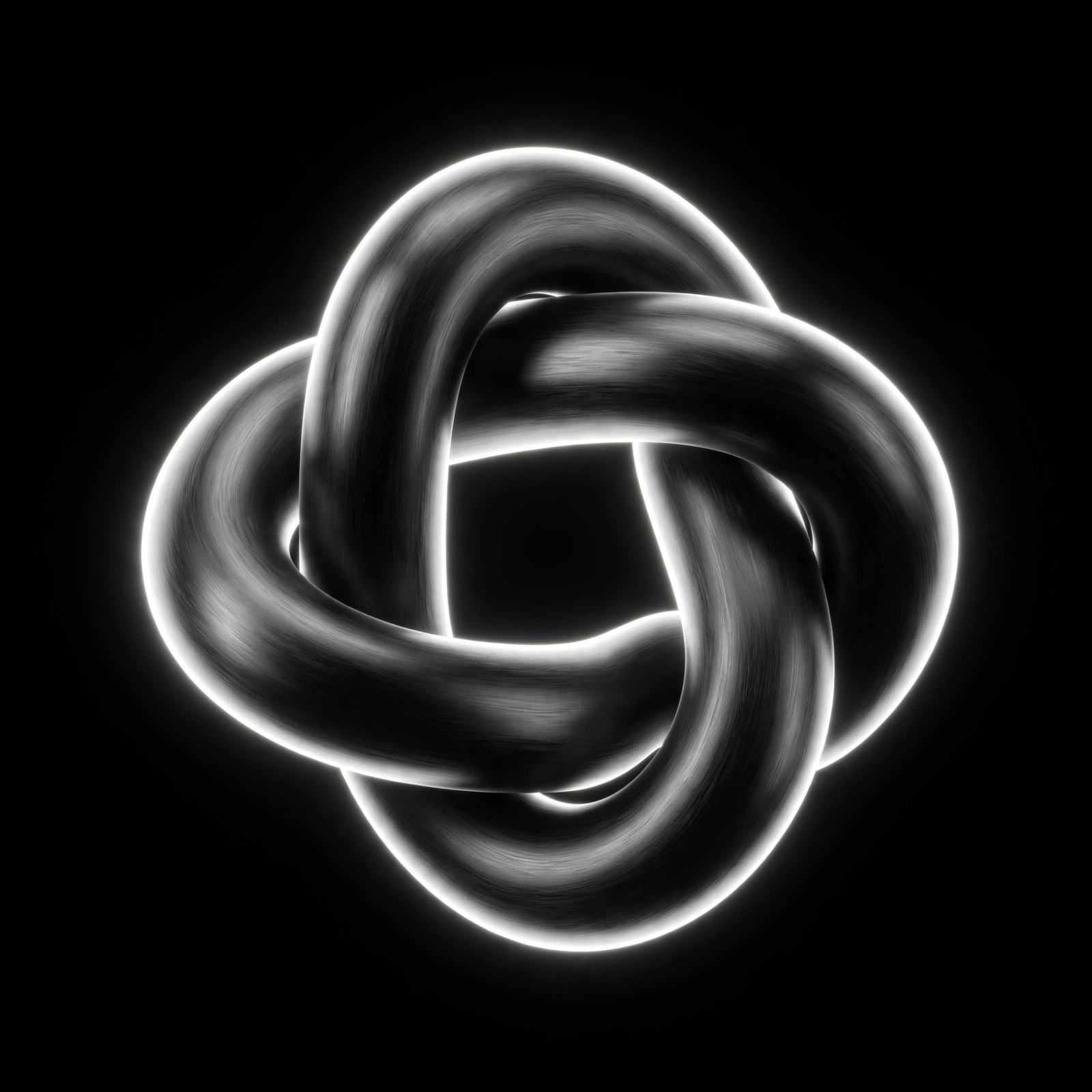 Black and white 3D render of an interlocking torus ring